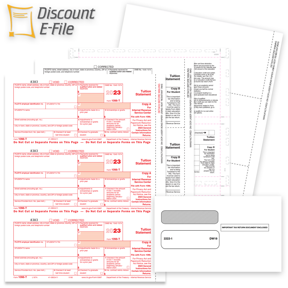 1098T Tax Forms Envelopes 2023 1098T Tax Forms for 2023 to Report Tuition Payments, Official Forms, Envelopes and Blank perforated paper - discounttaxforms.com