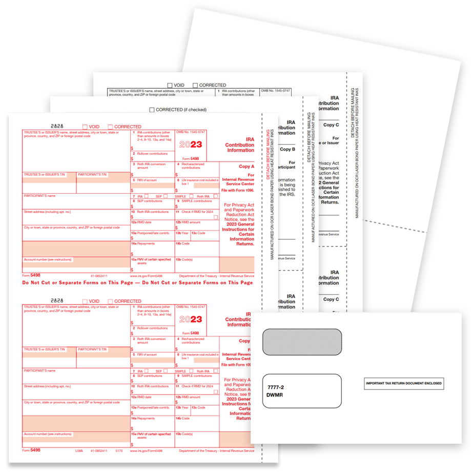 5498 Tax Forms Envelopes 2023 5498 IRA Tax forms and envelopes for 2023 to report IRA distributions - discounttaxforms.com