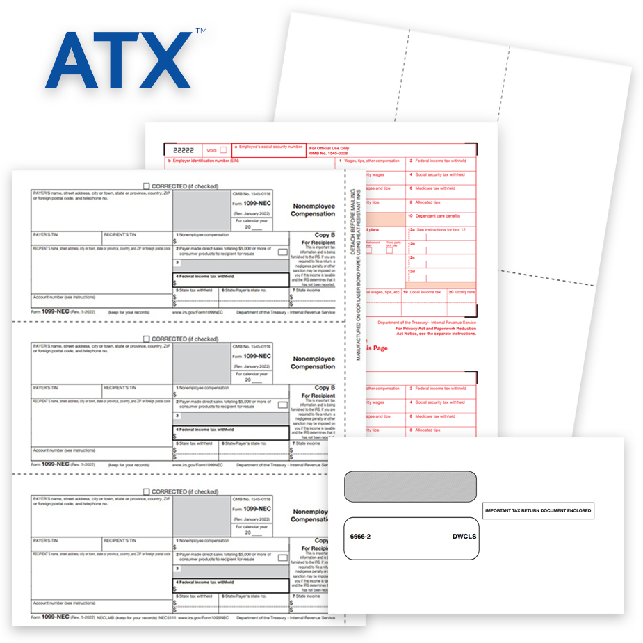 ATX Software Compatible 1099 & W2 Tax Forms and Envelopes 1099 & W2 Forms Compatible with ATX Tax Software, Blank Perf Paper, Official Forms and Envelopes at Discount Prices, No Coupon Needed - DiscountTaxForms.com