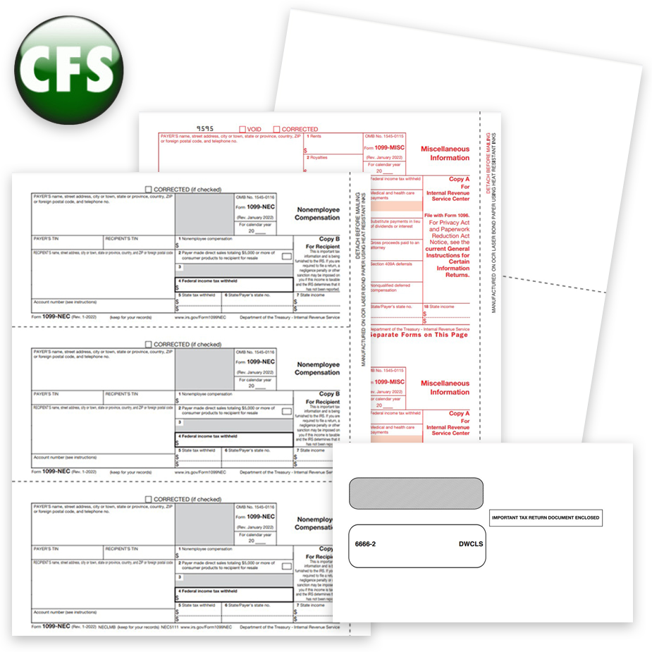 CFS Software Compatible 1099 & W2 Tax Forms and Envelopes 1099 & W2 Tax Forms for CFS Software, Guaranteed Compatible Official Forms, Blank Perf Paper and Envelopes - DiscountTaxForms.com