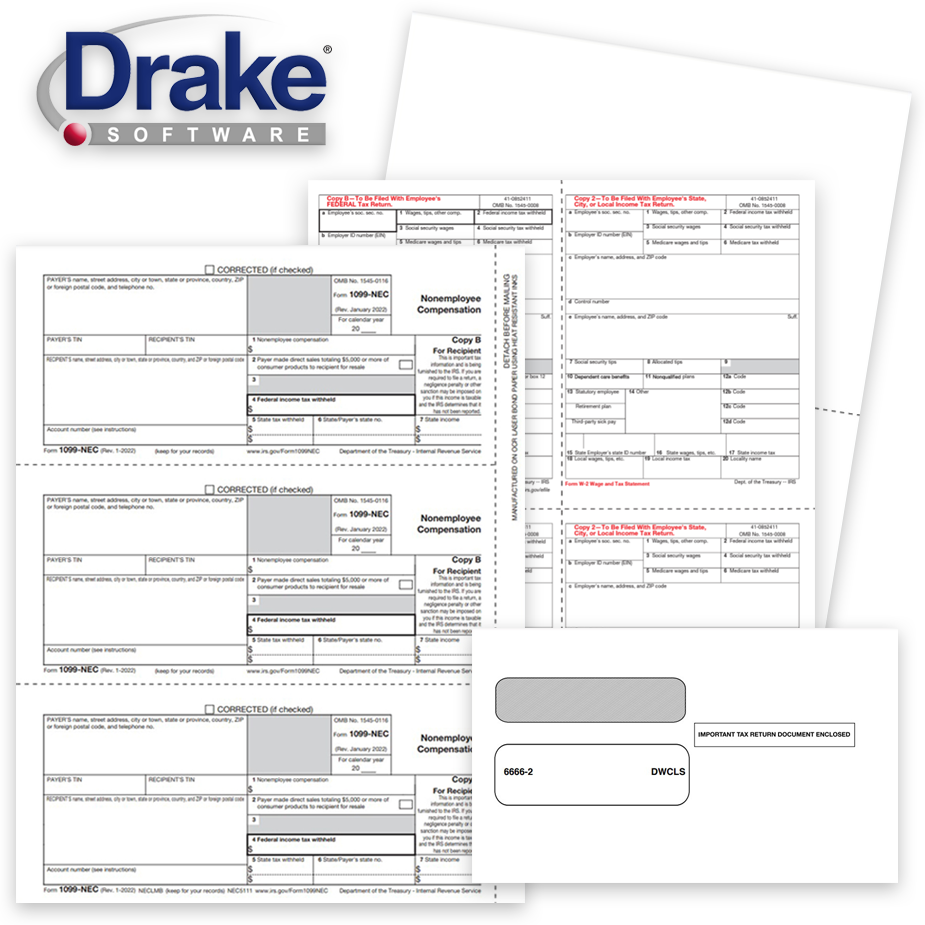 Drake Software Compatible 1099 & W2 Tax Forms and Envelopes 1099 & W2 Tax Forms for Drake Software, Guaranteed Compatible Official Forms, Blank Perf Paper and Envelopes - DiscountTaxForms.com
