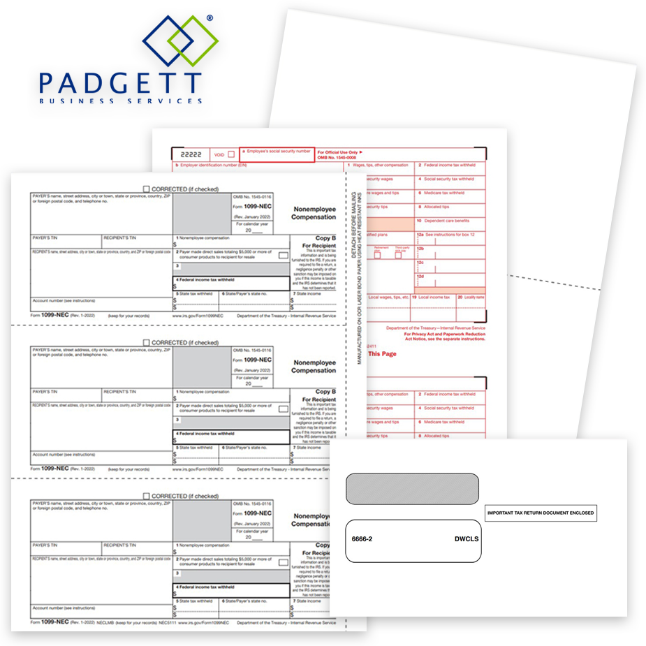 Padgett Software Compatible 1099 & W2 Tax Forms and Envelopes 1099 & W2 Tax Forms for Padgett Software, Guaranteed Compatible Official Forms, Blank Perf Paper and Envelopes - DiscountTaxForms.com
