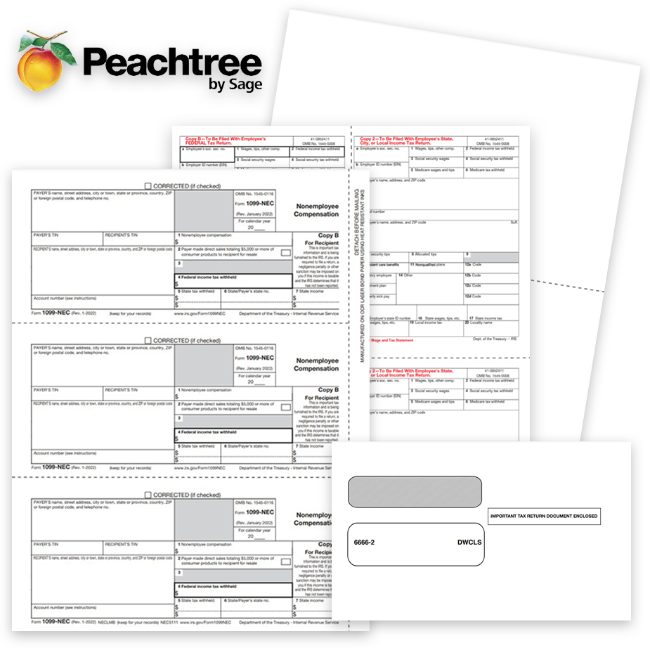 Peachtree Software Compatible 1099 & W2 Tax Forms and Envelopes 1099 & W2 Tax Forms for Peachtree Software, Guaranteed Compatible Official Forms, Blank Perf Paper and Envelopes - DiscountTaxForms.com