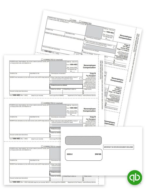 Intuit Quickbooks Compatible 1099NEC Tax Forms and Envelopes Sets for Efilers, Includes Recipient Copies and Payer State-File Copies for 2023, plus Security Envelopes at Discount Prices, No Coupon Code Needed - DiscountTaxForms.com