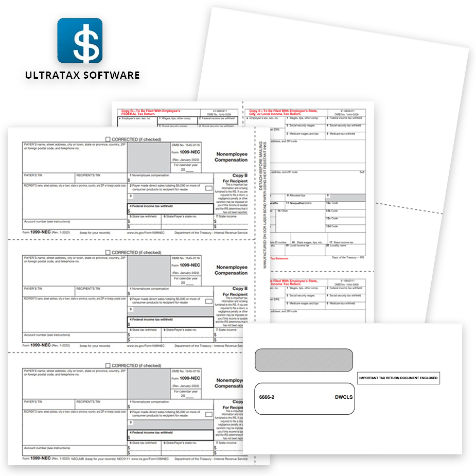 UltraTax Software Compatible 1099 & W2 Tax Forms and Envelopes 1099 & W2 Tax Forms for UltraTax Software, Guaranteed Compatible Official Forms, Blank Perf Paper and Envelopes - DiscountTaxForms.com