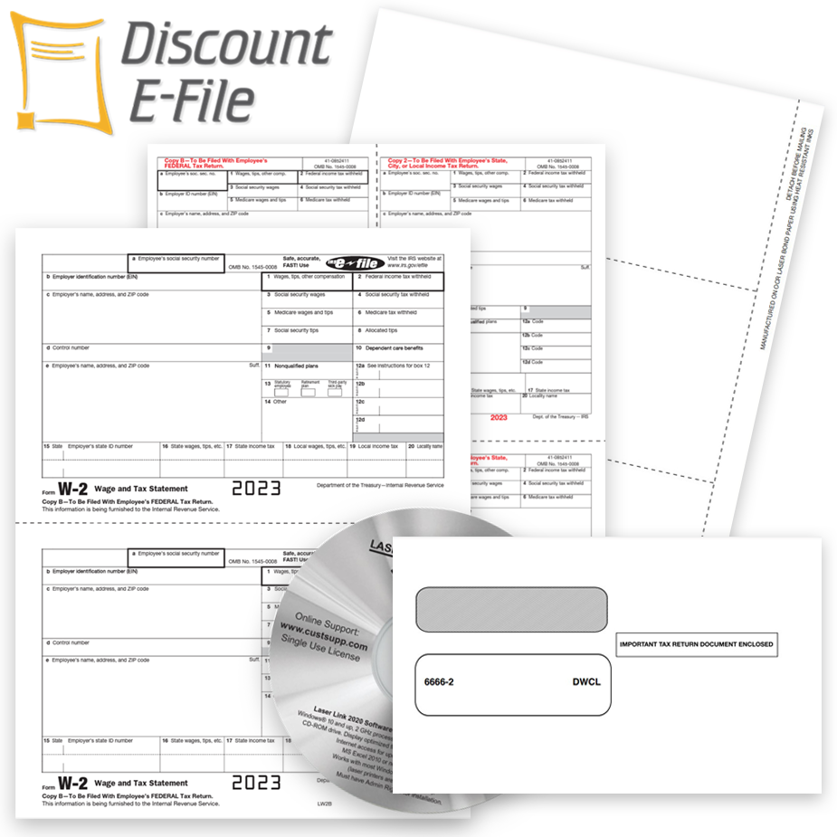 W2 Filing for 2023 with E-File, Forms, Envelopes, Software and Online Filing - DiscountTaxForms.com