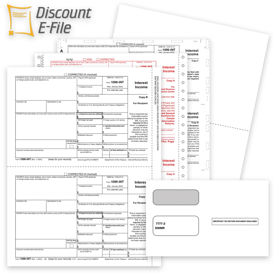 1099INT Tax Forms Envelopes Efile Order 1099INT Tax Forms, Envelopes and E-Filing at Big Discounts, No Coupon Code Needed. Official 1099-INT Forms, Blank Perf Paper and E-File Options - DiscountTaxForms.com