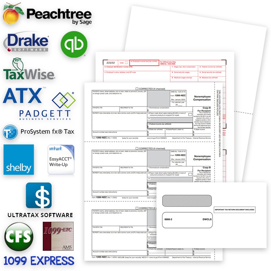 Software Compatible 1099 W2 Forms Envelopes Software compatible 1099 and W2 forms and envelopes for QuickBooks, Peachtree, Accounting and Tax Software at Big Discounts, No Coupon Code Needed - DiscountTaxForms.com
