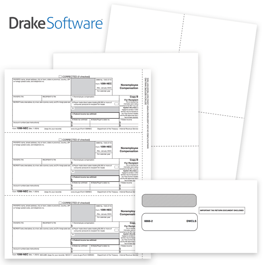 Drake Software Compatible 1099 & W2 Tax Forms and Envelopes 1099 & W2 Tax Forms for Drake Software, Guaranteed Compatible Official Forms, Blank Perf Paper and Envelopes - DiscountTaxForms.com