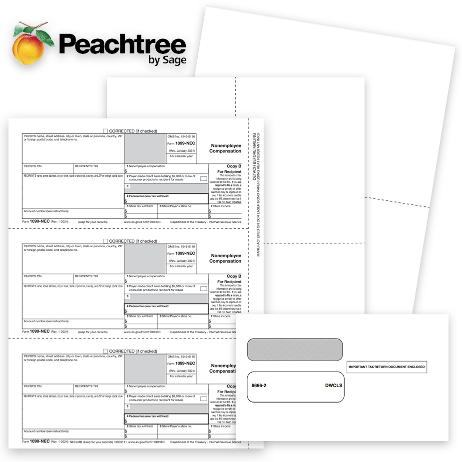 Peachtree Software Compatible 1099 & W2 Tax Forms and Envelopes 1099 & W2 Tax Forms for Peachtree Software, Guaranteed Compatible Official Forms, Blank Perf Paper and Envelopes at Big Discounts, No Coupon Needed - DiscountTaxForms.com