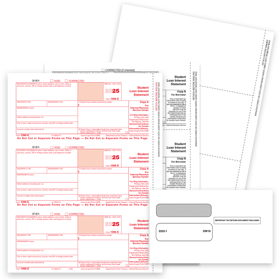 Order 1098E Tax Forms for Reporting Student Loan Interest in 2025. Official 1098-E Forms, Blank Perforated Paper and Envelopes at Big Discounts, No Coupon Needed - DiscountTaxForms.com