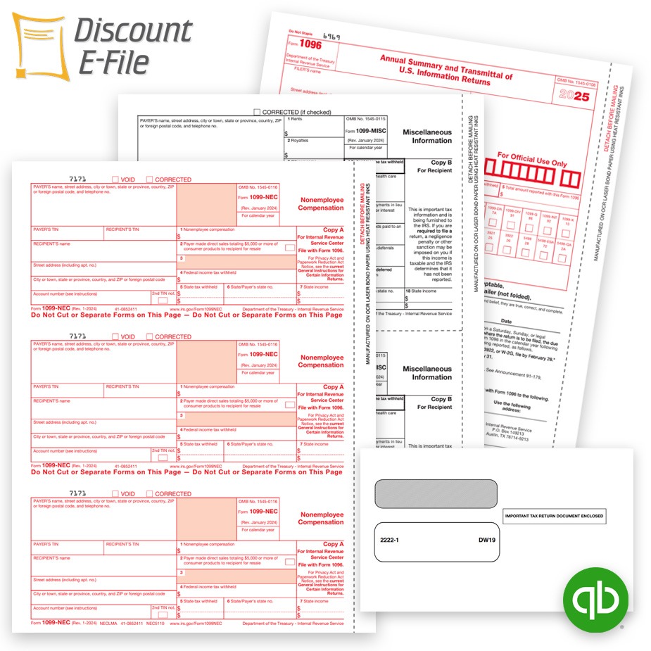 QuickBooks Compatible 1099 Tax Forms 2025 Order Intuit QuickBooks Compatible 1099 Tax Forms and Envelopes for 2025, Easy Efile Services at Discount Prices No Coupon Code Needed. Easy Efiling Options and More - DiscountTaxForms.com