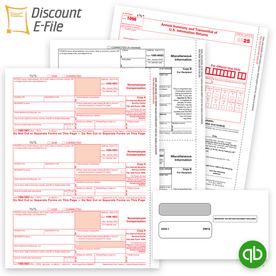 QuickBooks Compatible 1099 Tax Forms 2025 Order Quickbooks Compatible 1099 Tax Forms, including 1099NEC and 1099MISC forms, envelopes and efile services at Big Discounts, No Coupon Needed - DiscountTaxForms.com