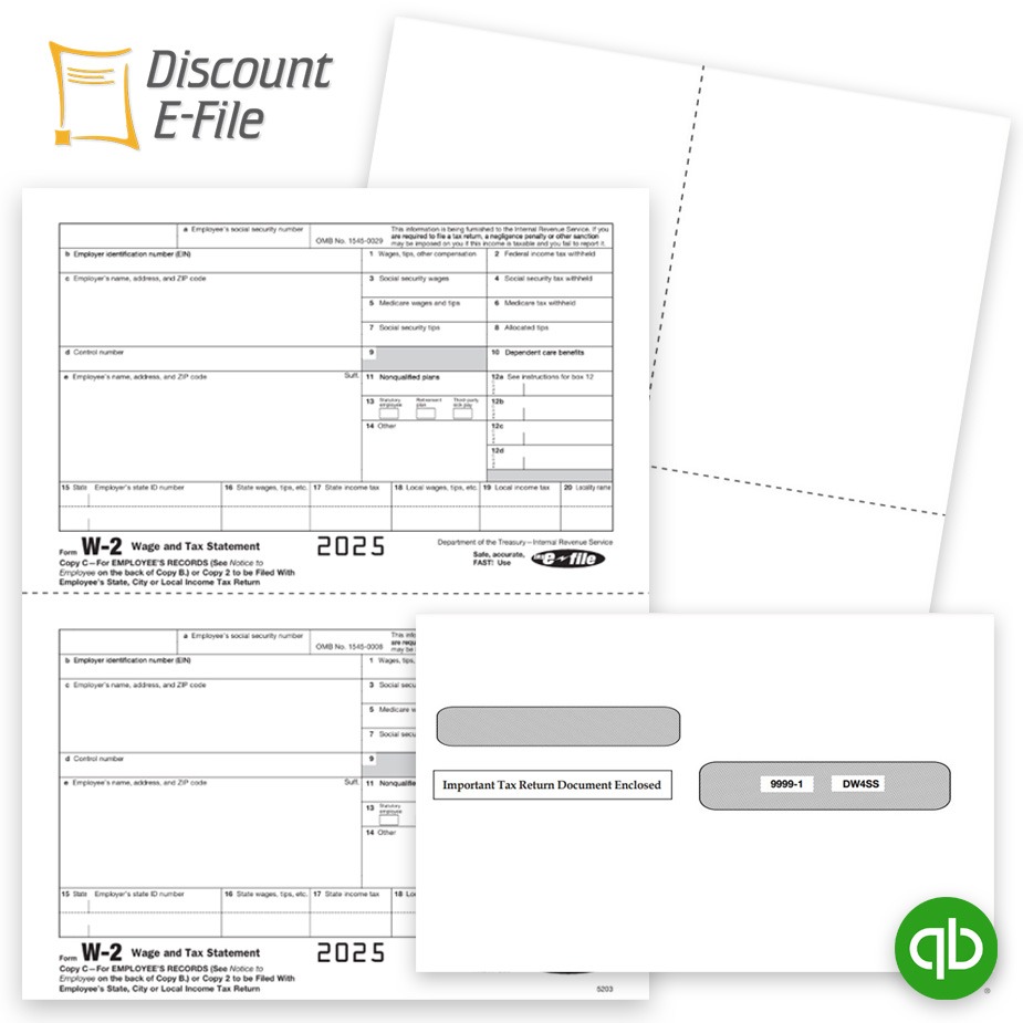 QuickBooks W2 Forms Envelopes Efile 2025 Order Intuit QuickBooks Compatible W2 Forms, Blank Perforated Paper and Envelopes and Efile Services at Big Discounts, No Coupon Needed - DiscountTaxForms.com