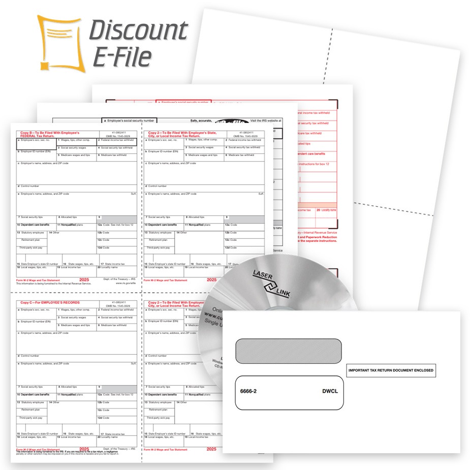 W2 Filing Forms Envelopes Software Efile 2025 W2 Filing for 2025: Forms, Envelopes, Software and Online Efiling - DiscountTaxForms.com