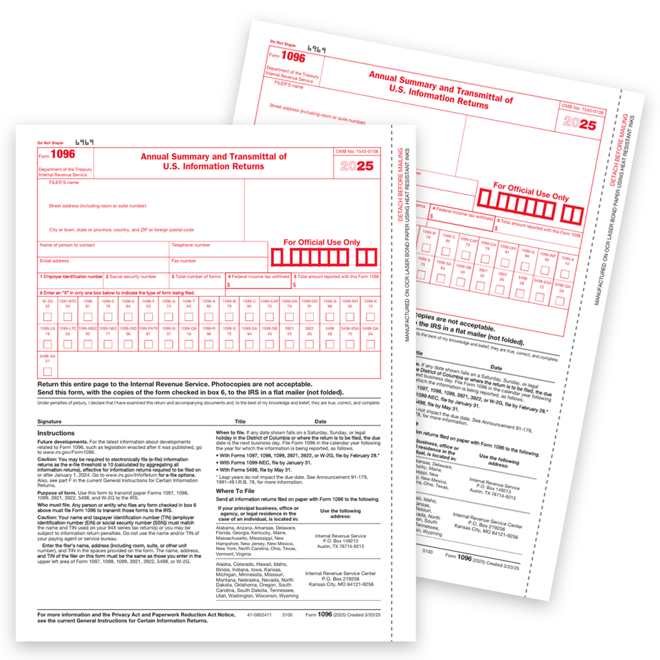 1096 Forms for Summary and Transmittal for 2025 1099 Forms Order 1096 Transmittal forms for 2025 for use when filing 1099 forms with the IRS - DiscountTaxForms.com