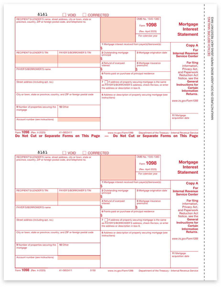 Order 1098 Tax Forms for Mortgage Interest, Copy A for IRS Federal Filing. Easy E-Filing Options - DiscountTaxForms.com
