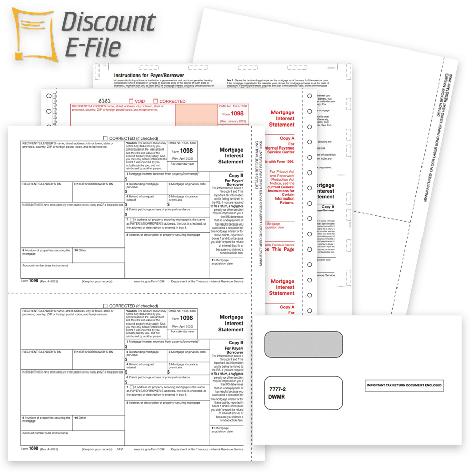 Order 1098 Tax Forms and Envelopes for reporting Mortgage Interest, Official IRS 1098 Forms, Blank Paper, Envelopes and E-Filing Services - DiscountTaxForms.com
