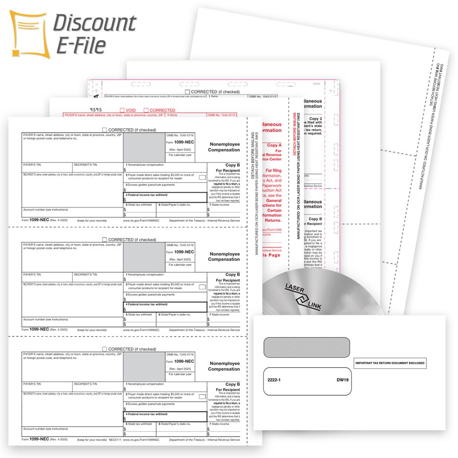 1099 Filing Forms Envelopes Software Efile Order 1099 Filing Products, Buy 1099 Forms, Envelopes, Software or File Online and E-File at Discount Prices - No Coupon Needed - DiscountTaxForms.com