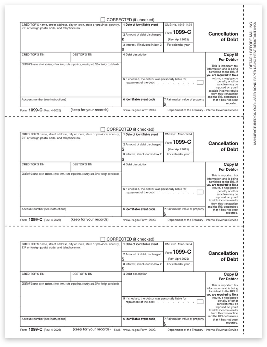 Order 1099C Tax Forms for Debtor Copy B, Cancellation of Debt. Online Print + Mail services too - DiscountTaxForms.com