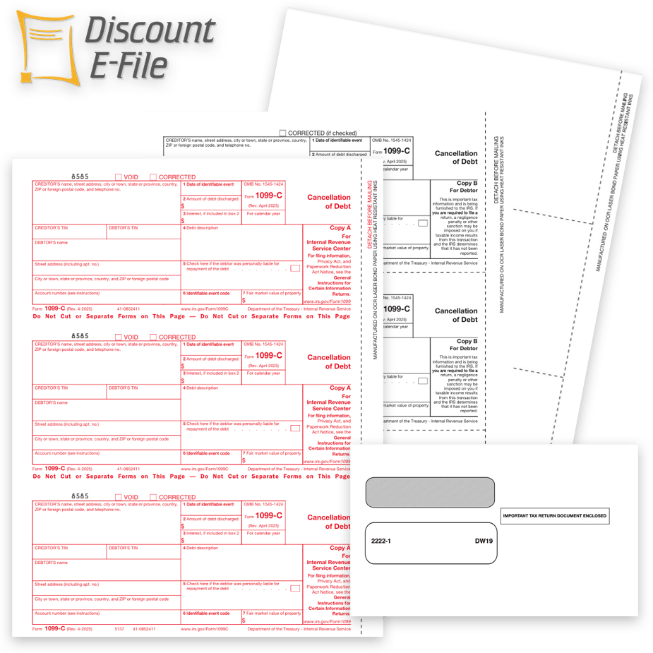 1099C Tax Forms and Envelopes for Cancellation of Debt. Online Efiling Options - DiscountTaxForms.com