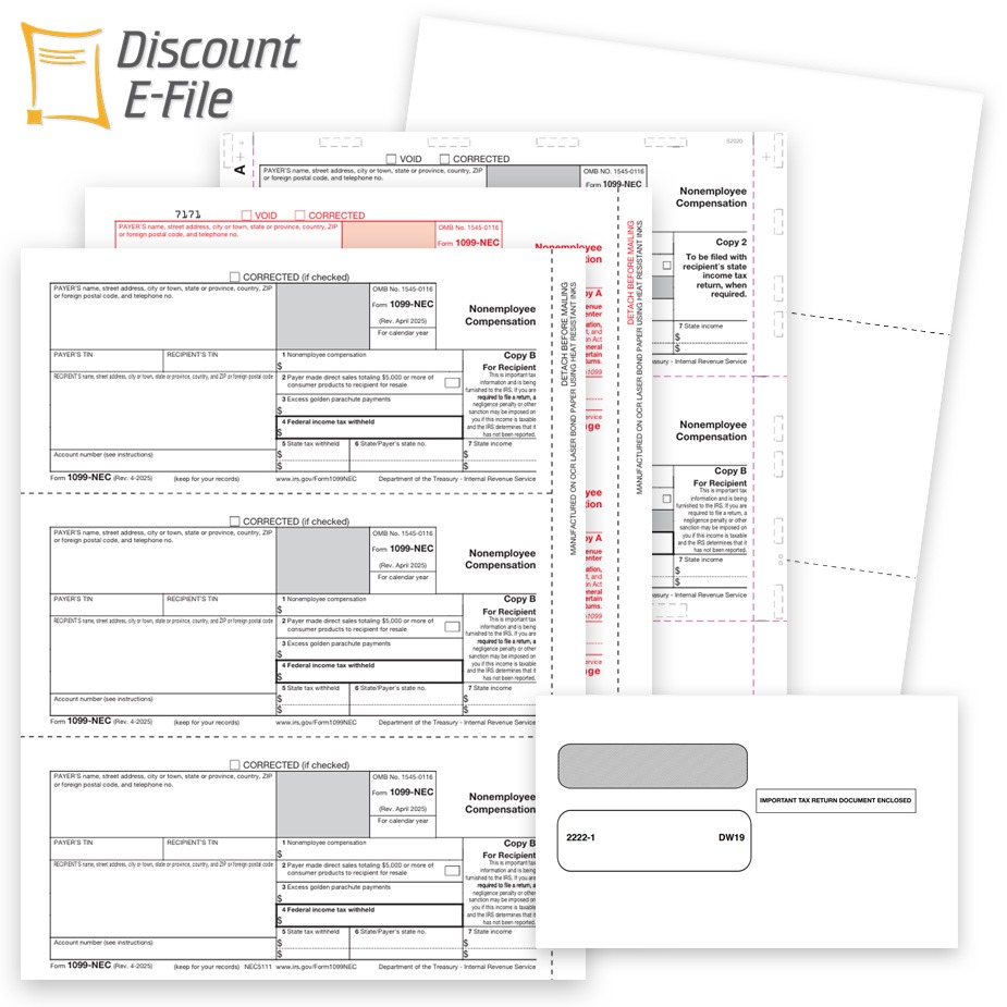 1099NEC Tax Forms Envelopes Software Efile 2025 1099NEC Filing - Order 1099-NEC Tax Forms, Envelopes, Software, E-file and Online 1099 Filing at Big Discounts, No Coupon Needed - DiscountTaxForms.com