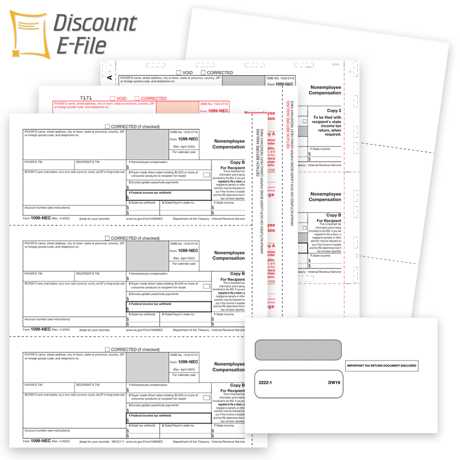 1099NEC Tax Forms Envelopes Software Efile 2025 Order 1099NEC Tax Forms, Envelopes, Software, E-file and Online 1099 Filing at Big Discounts, No Coupon Needed - DiscountTaxForms.com