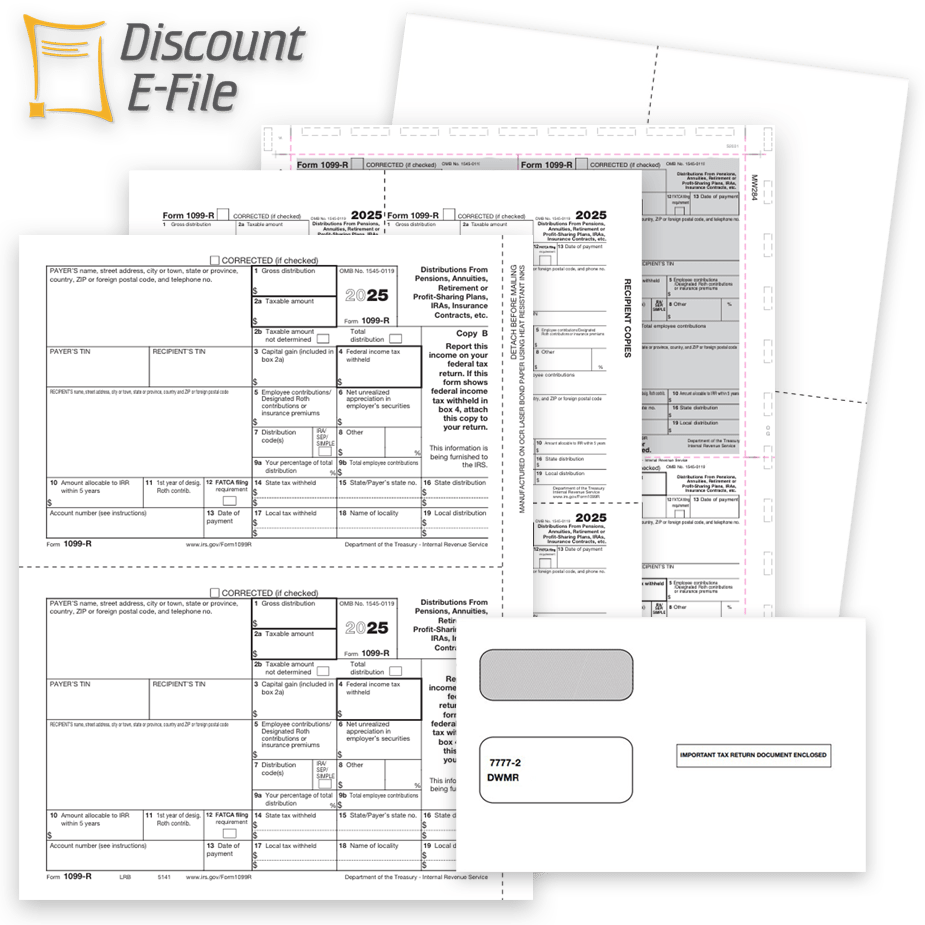 1099R Tax Forms Envelopes Efile 2025 Order 1099R Tax Forms for 2025, Plus Envelopes and E-File Services at Big Discounts. Official IRS 1099-R Forms, Blank Perf Paper, Pressure Seal Forms and More - DiscountTaxForms.com