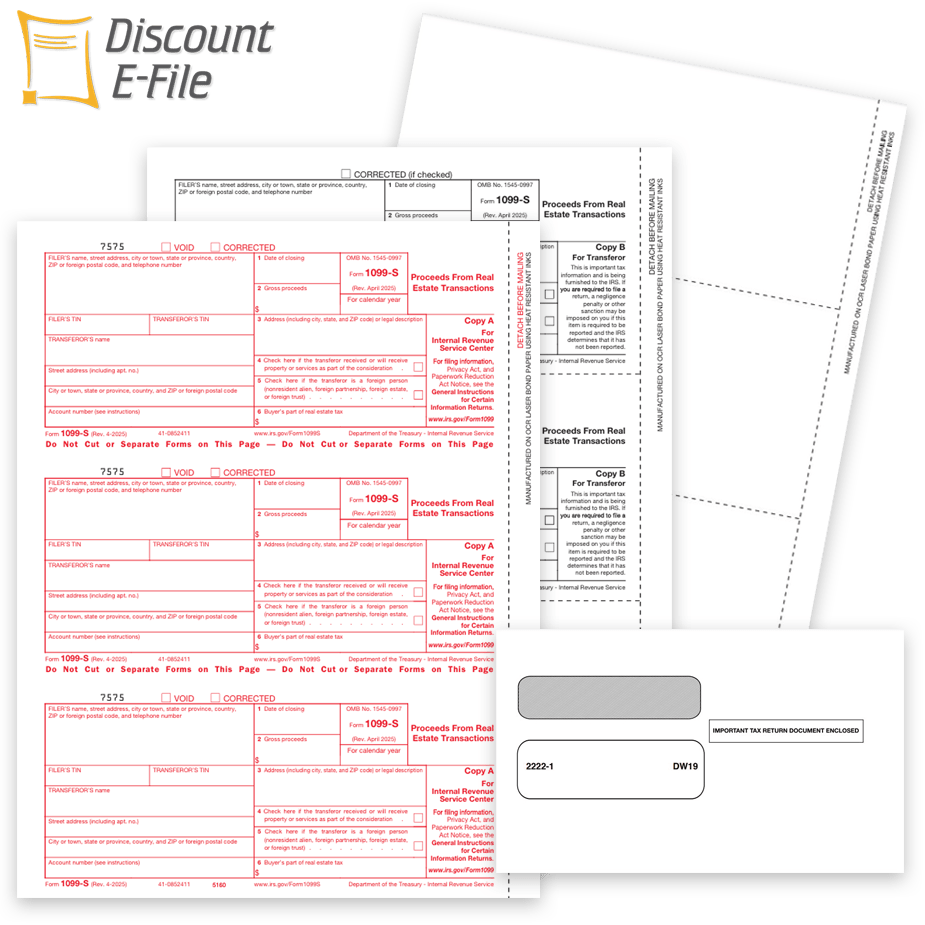 Order 1099S Tax Forms for Proceeds from Real Estate Transactions, Plus Envelopes and Easy Efile Options at Big Discounts, No Coupon Needed - DiscountTaxForms.com